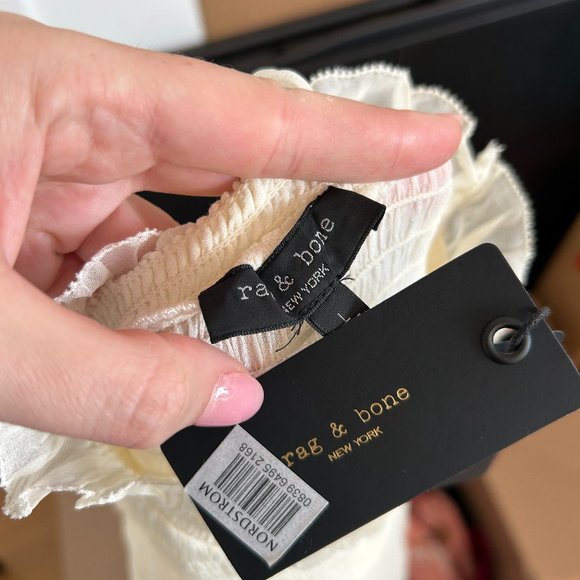 NWT Rag & Bone Kayden Sheer Smocked Ruffle Blouse Sz L in Light Dove - Picture 3 of 9